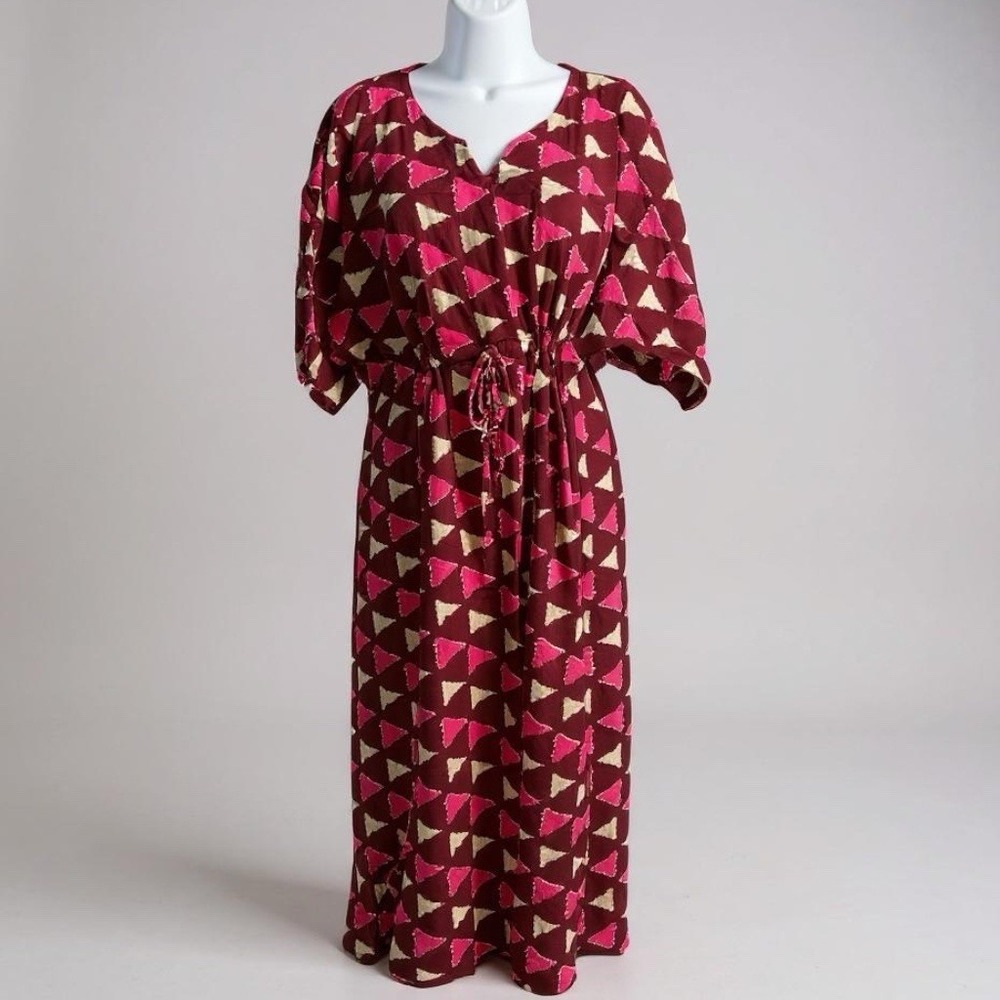 Uniti Casuals Boho‎ Cotton Maxi Dress OSFM Burgundy/Pink Triangle Print